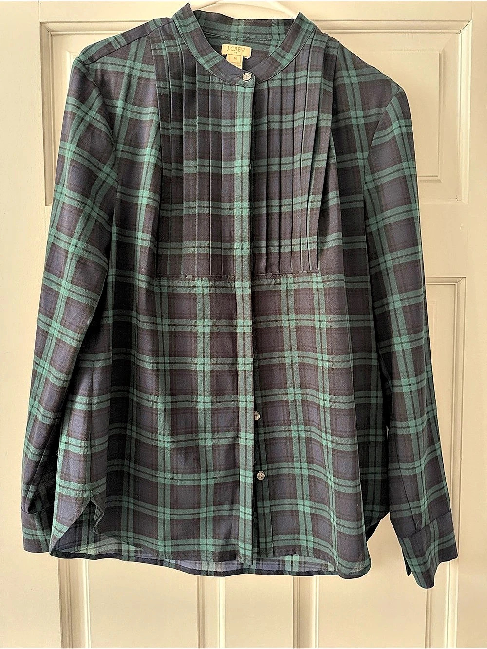 J.Crew Black Watch Plaid Pleated Bib Blouse Green & Black Medium